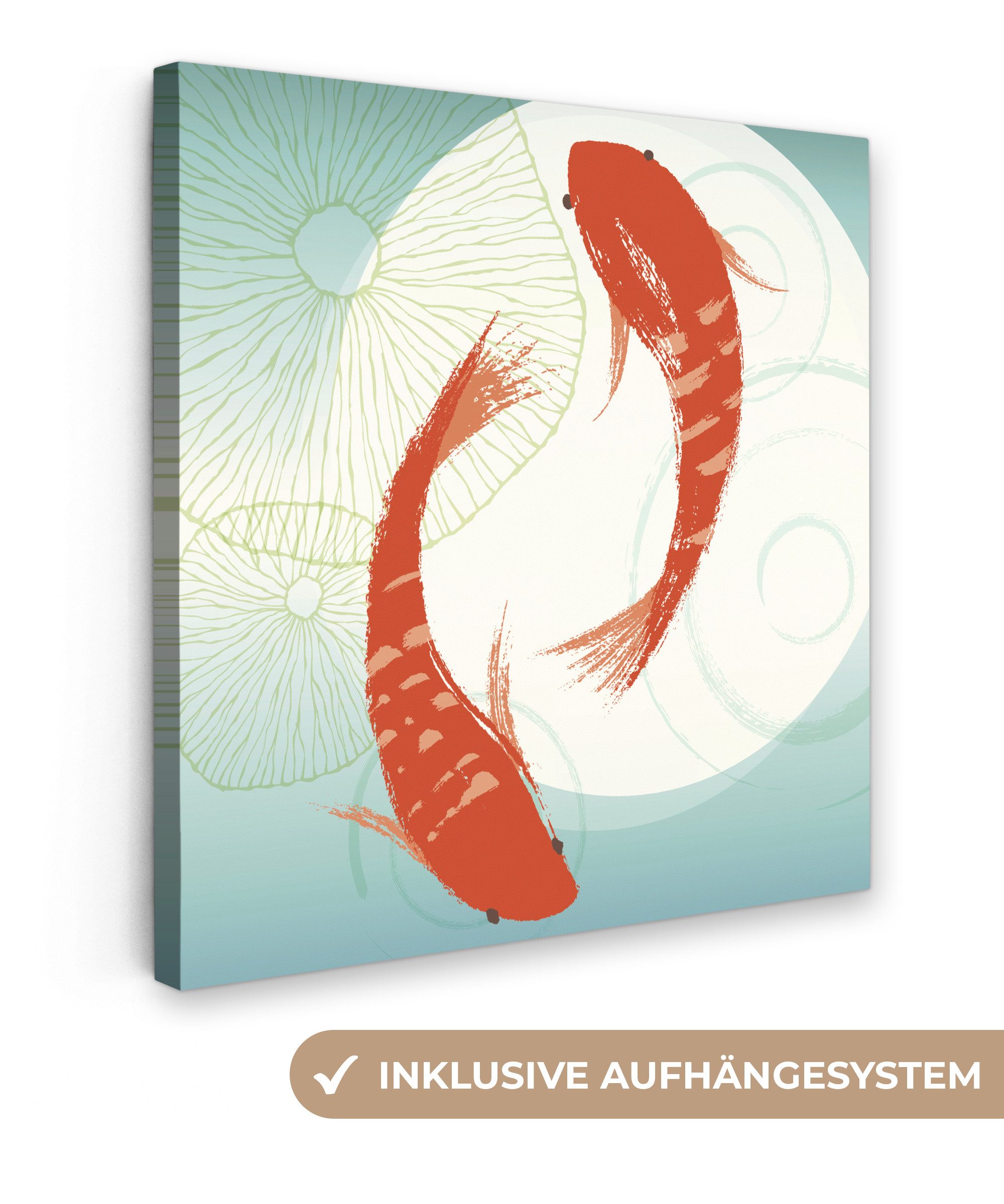 OneMillionCanvasses® Leinwandbild Chinesisch - Illustration - Koi Karpfen, Fotodruck (1 St), Wandbild, Deko Schlafzimmer Wohnzimmer Flur 20x20 cm