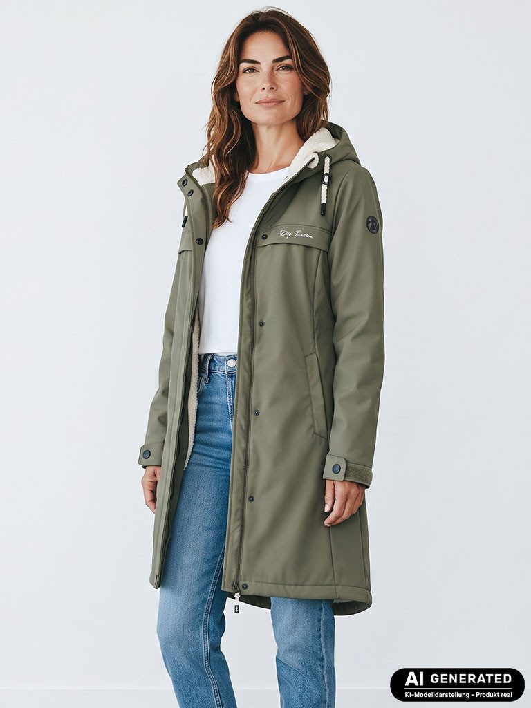 Dry Fashion Regenmantel Oslo Damen PU-Mantel Teddy-Fleece-Futter - Regenjacke Outdoor-Jacke Wind- & wasserdicht, Verschweißte Nähte, 2-Wege-Reißverschluss, Kapuze
