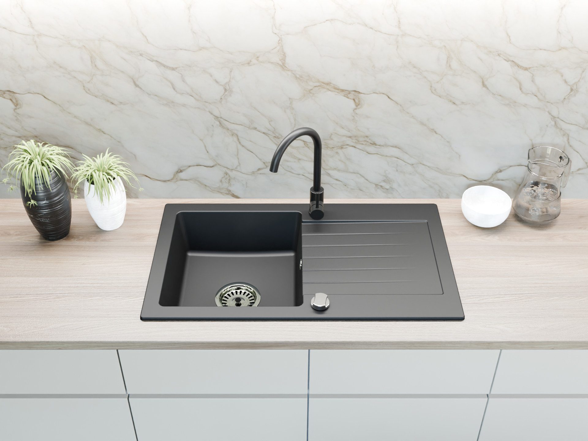 Faizee Möbel Granitspüle Granitspüle 75 cm Schwarz mit passender Armatur Ko günstig online kaufen