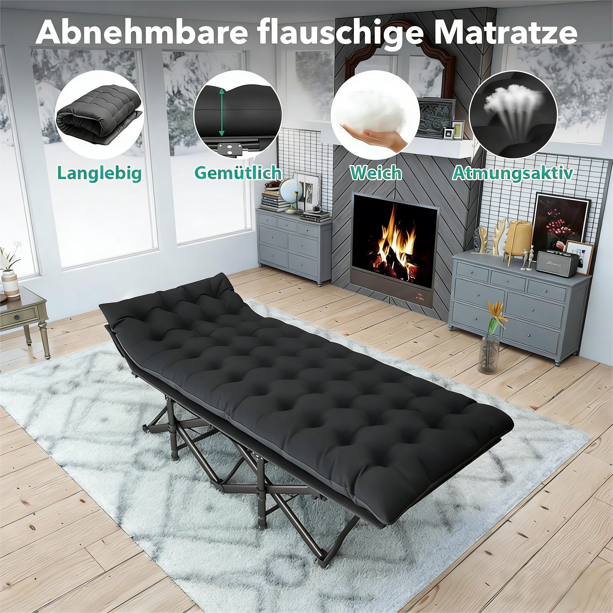 ibettertec Klappbett mit Matratze,Camping Bett,Gästebett,200KG Belastbar,188×71×37cm (für Zuhause, Reisen & Outdoor) Klappliege,Reisebett Erwachsene,Tragbares Campingliege mit Matratze