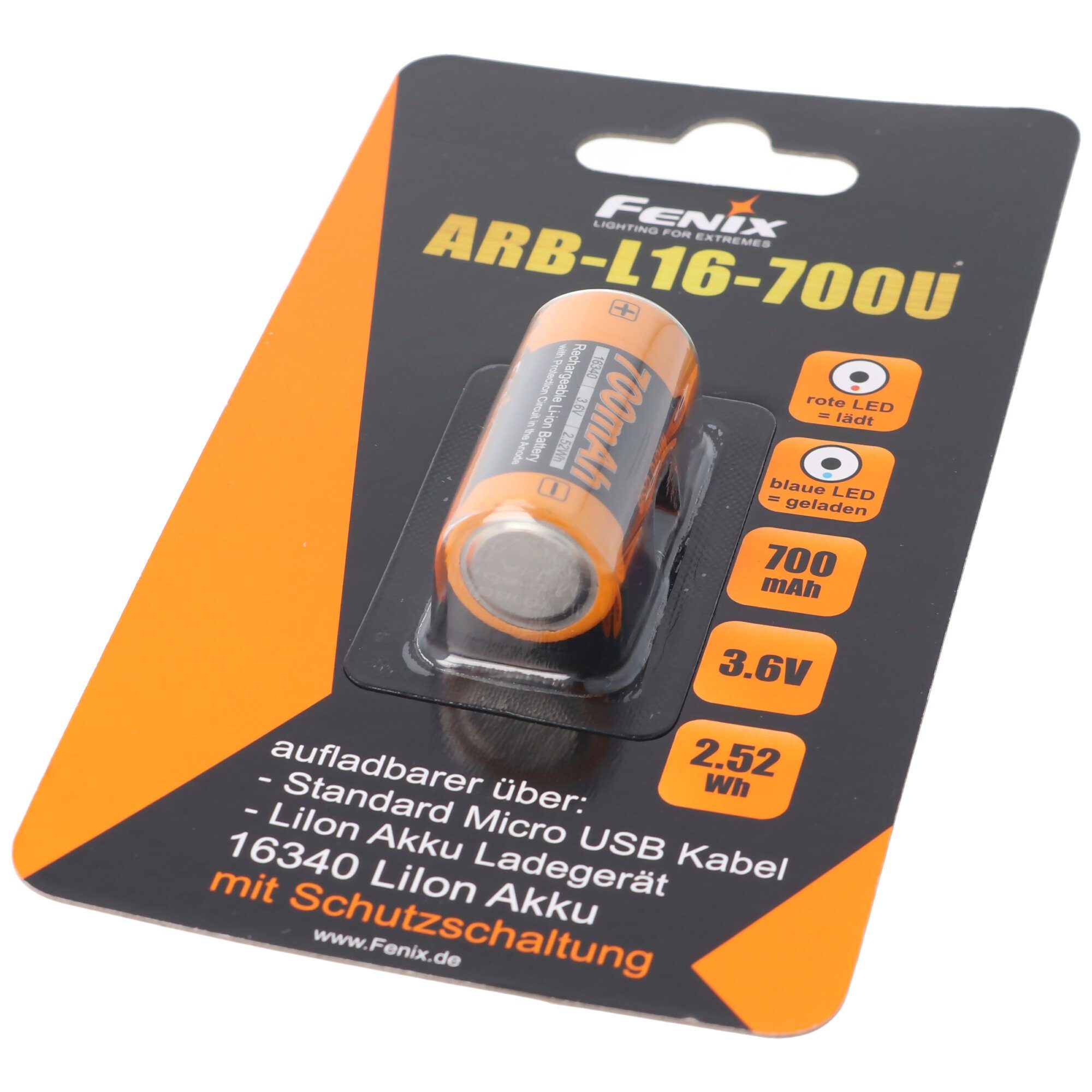 Akku 700 (3,7 70 Fenix Li-Ion mit V) Akku A 3,6 mit integrierter Volt USB-Ladefunktion CR123 mAh