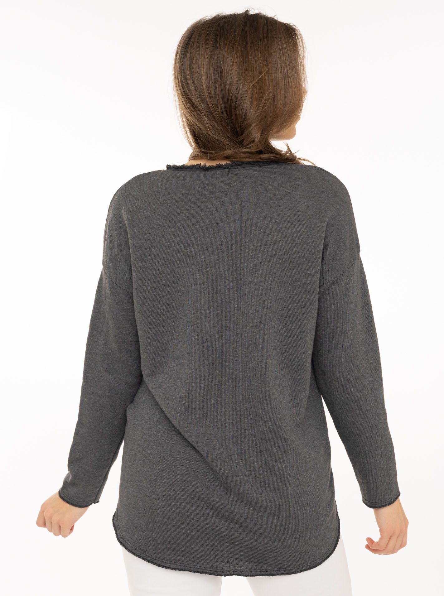 Zwillingsherz Sweatshirt "Positive Mind" ausgefranster V-Ausschnitt, Used Look, Langarm, Schriftzug