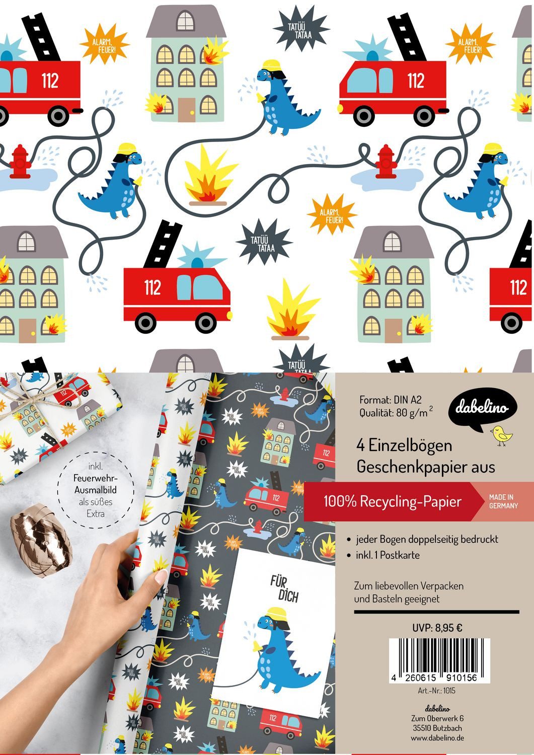 dabelino Geschenkpapier Geschenkpapier-Set für Kinder: Feuerwehr/ Dinosaurier