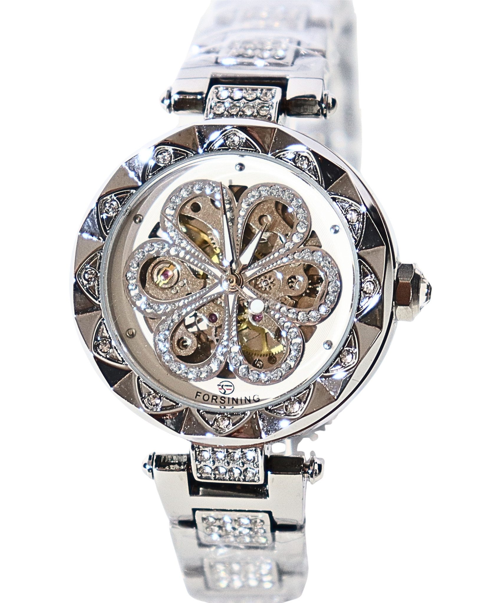 Rötting Design Automatikuhr Damenuhr Marke Forsining Rhinestone Besatz silberfarbenes Design, Handgelenkumfang 16 bis 20 cm wählbar