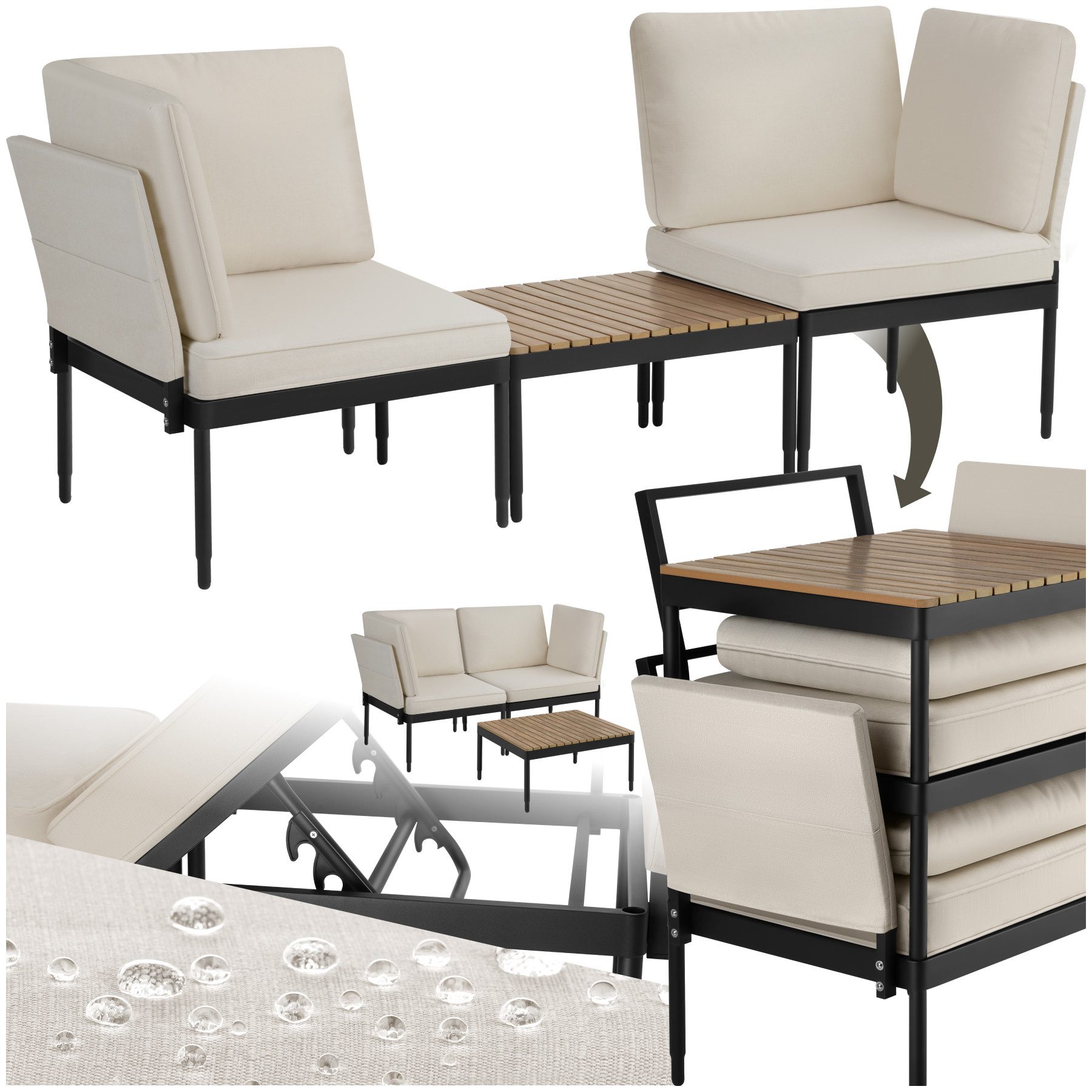 tectake Gartenlounge-Set Magaluf, (Set., 3-tlg), Kompakter Couchtisch mit Lamellen in natürlichem Holzlook