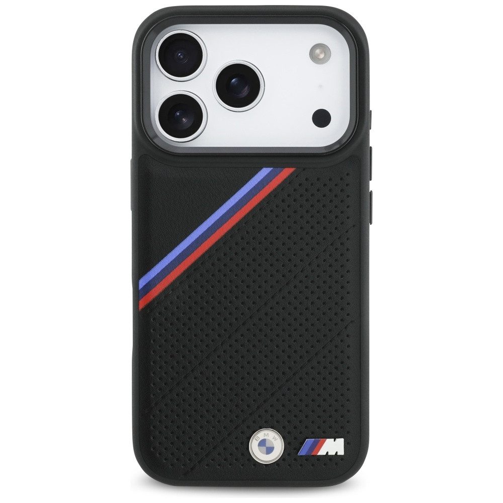 BMW Handyhülle Case iPhone 17 Pro MagSafe Kunstleder schwarz Tricolor Logo Metall 6,3 Zoll, Kantenschutz