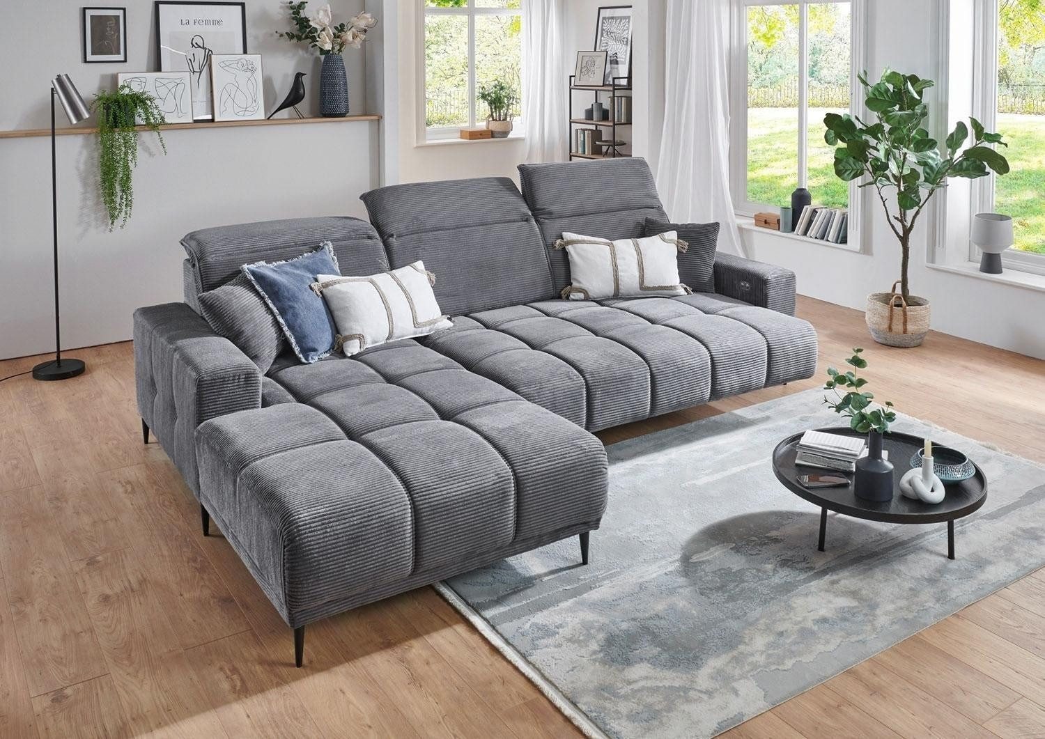 Iwaniccy Ecksofa LIVORNO, B 286 x T 195 cm, Dunkelgrau, Cord, elektrische Sitztiefenverstellung, Kopfteilverstellungen