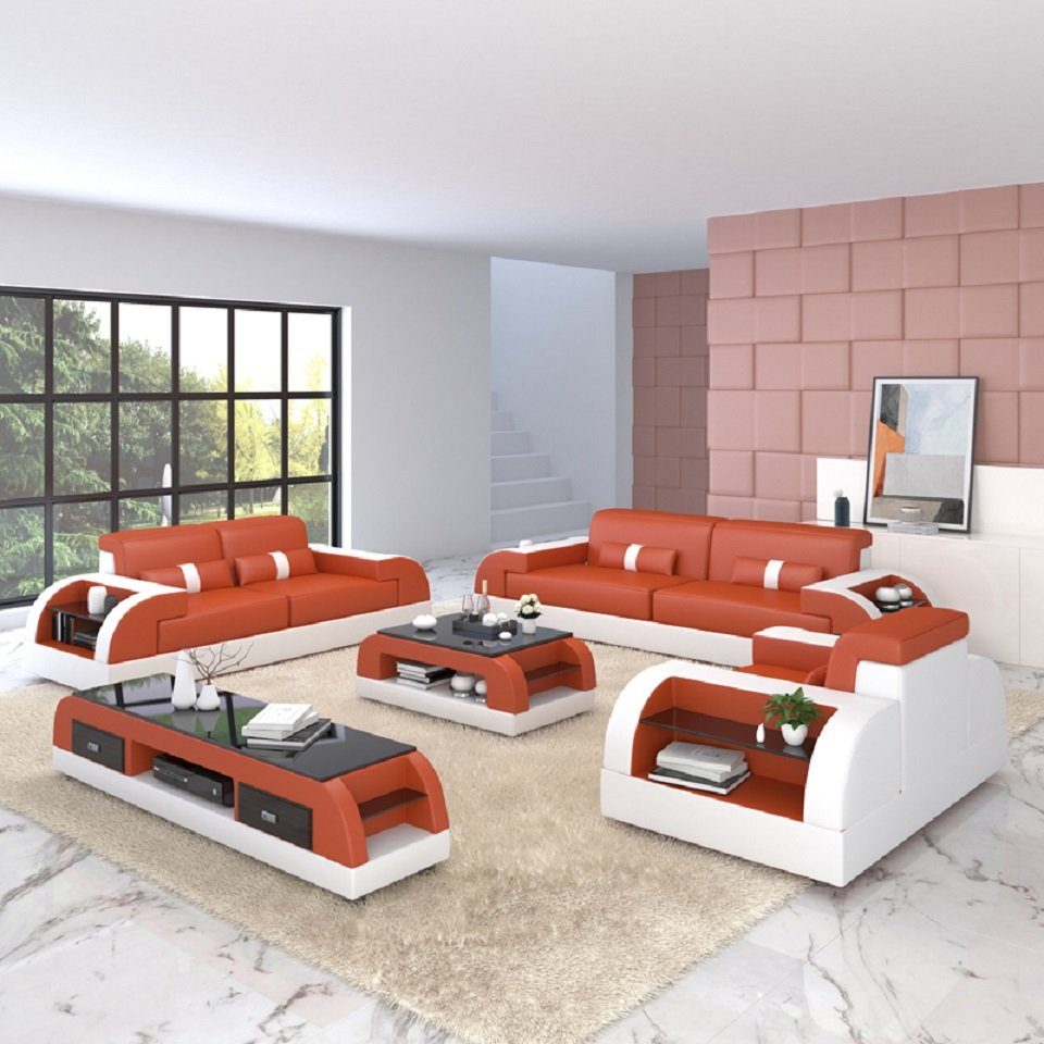 JVmoebel Sofa Sofagarnitur 3+3 Set Design Sofas Polster Couchen Leder Relax Moderne, Made in Europe Orange/Weiß