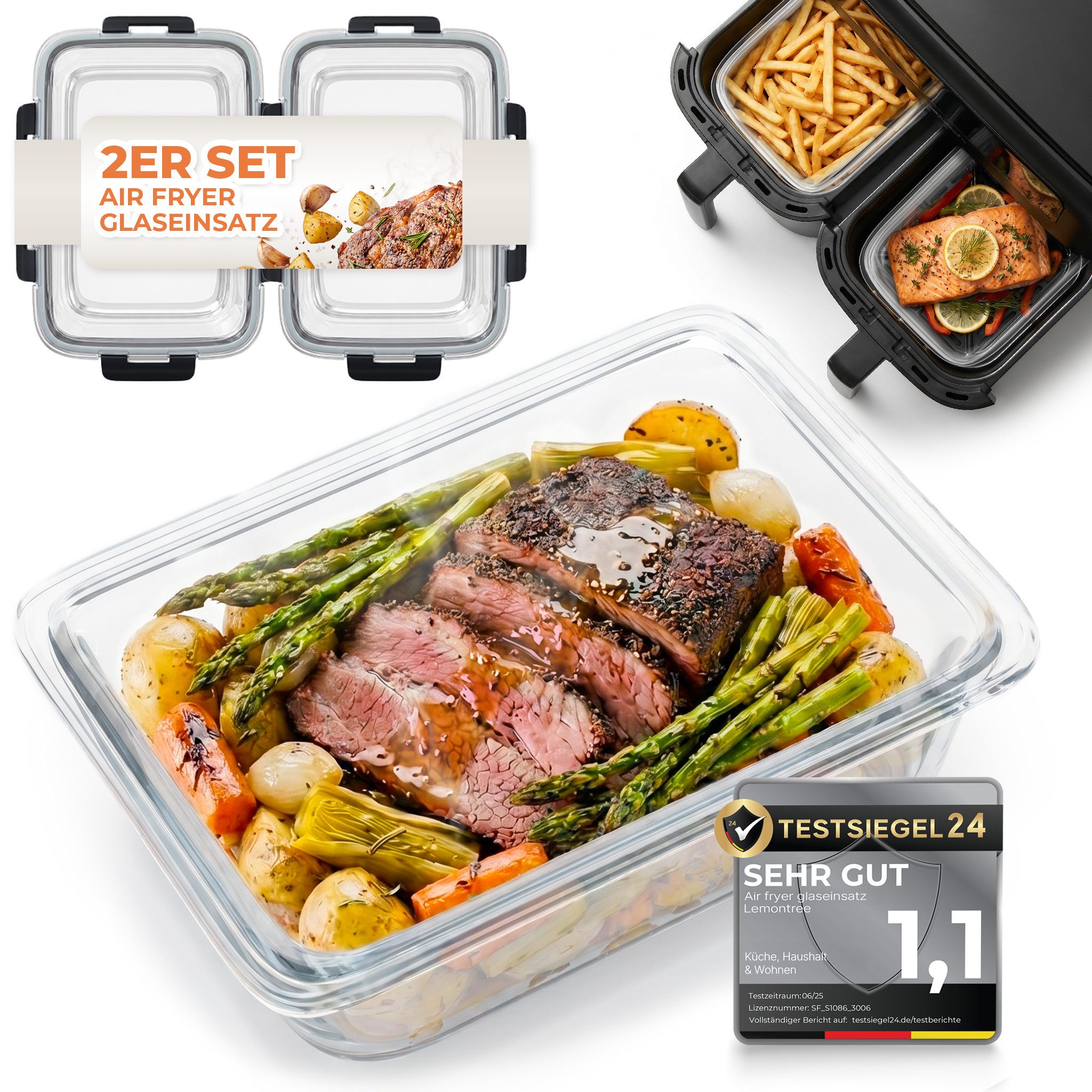 Lemontree Küchenmaschinen Zubehör-Set Glasbehälter für Airfryer –Airfryer Zubehör BPA-frei spülmaschinenfest, Zubehör für Alle gängigen Airfryer, Heißluftfritteusen, Mikrowellen, Öfen & Gefrierschränke, Vorratsdosen Set hitzebeständig bis 300°C - Ersatz für Silikonform