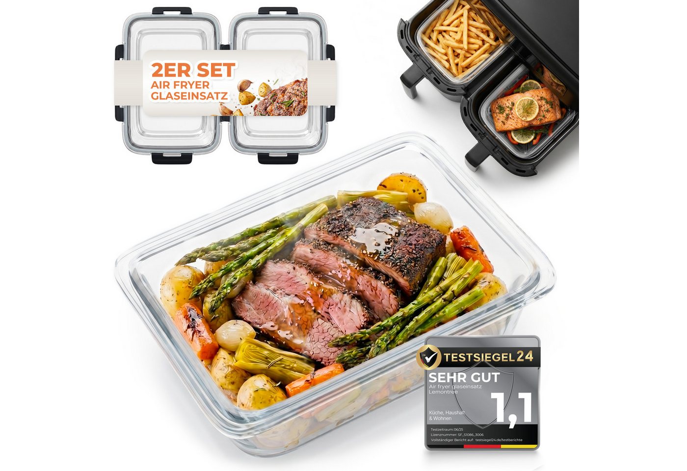 Lemontree Küchenmaschinen Zubehör-Set Glasbehälter für Airfryer –Airfryer Zubehör BPA-frei spülmaschinenfest, Zubehör für Alle gängigen Airfryer, Heißluftfritteusen, Mikrowellen, Öfen & Gefrierschränke, Vorratsdosen Set hitzebeständig bis 300°C - Ersatz f