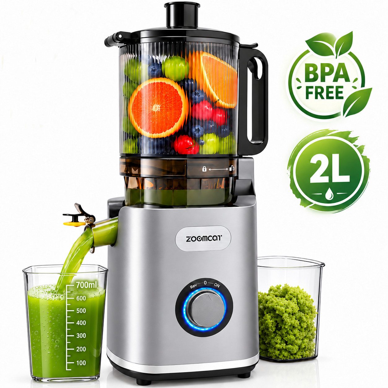 ZOOMCAT Slow Juicer Entsafter mit 140 mm-Einfüllöffnung,REV-Funktion,hoher Saftausbeute, 400 W, 140-mm-Einfüllöffnung, 2-Liter-Behälter, …