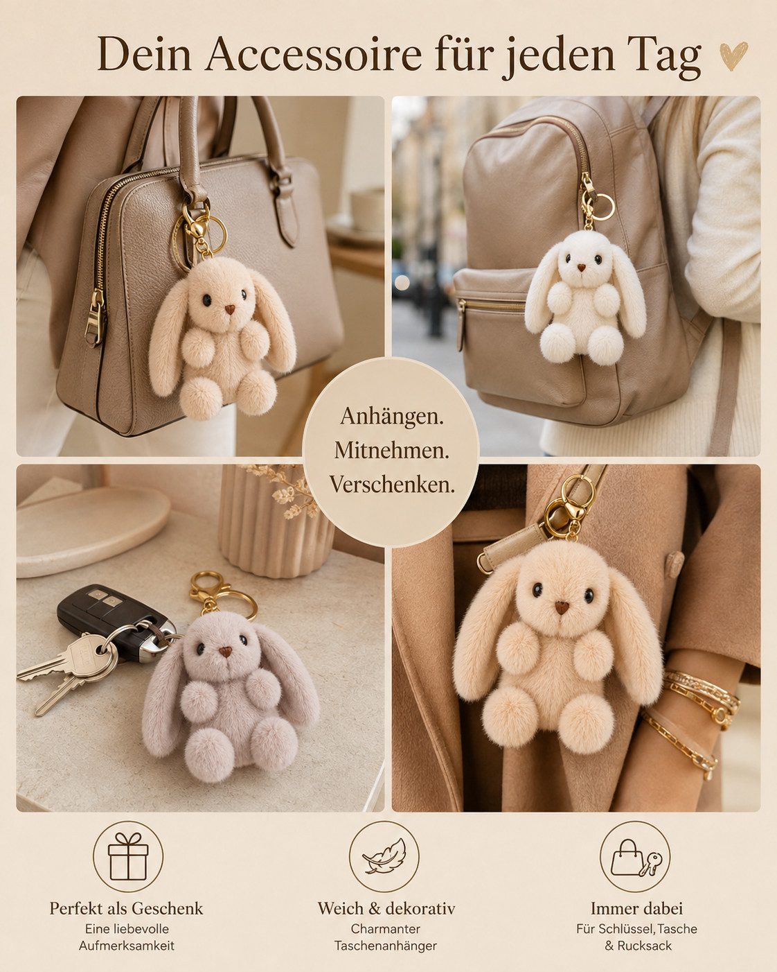 soma Schlüsselanhänger Plüsch Hase Schlüsselanhänger flauschig als Überraschungsartikel weich (Set, 1-tlg., Geschenk-Set), Flauschiger Hasenanhänger mit Karabiner, Farbe als Überraschung dabei