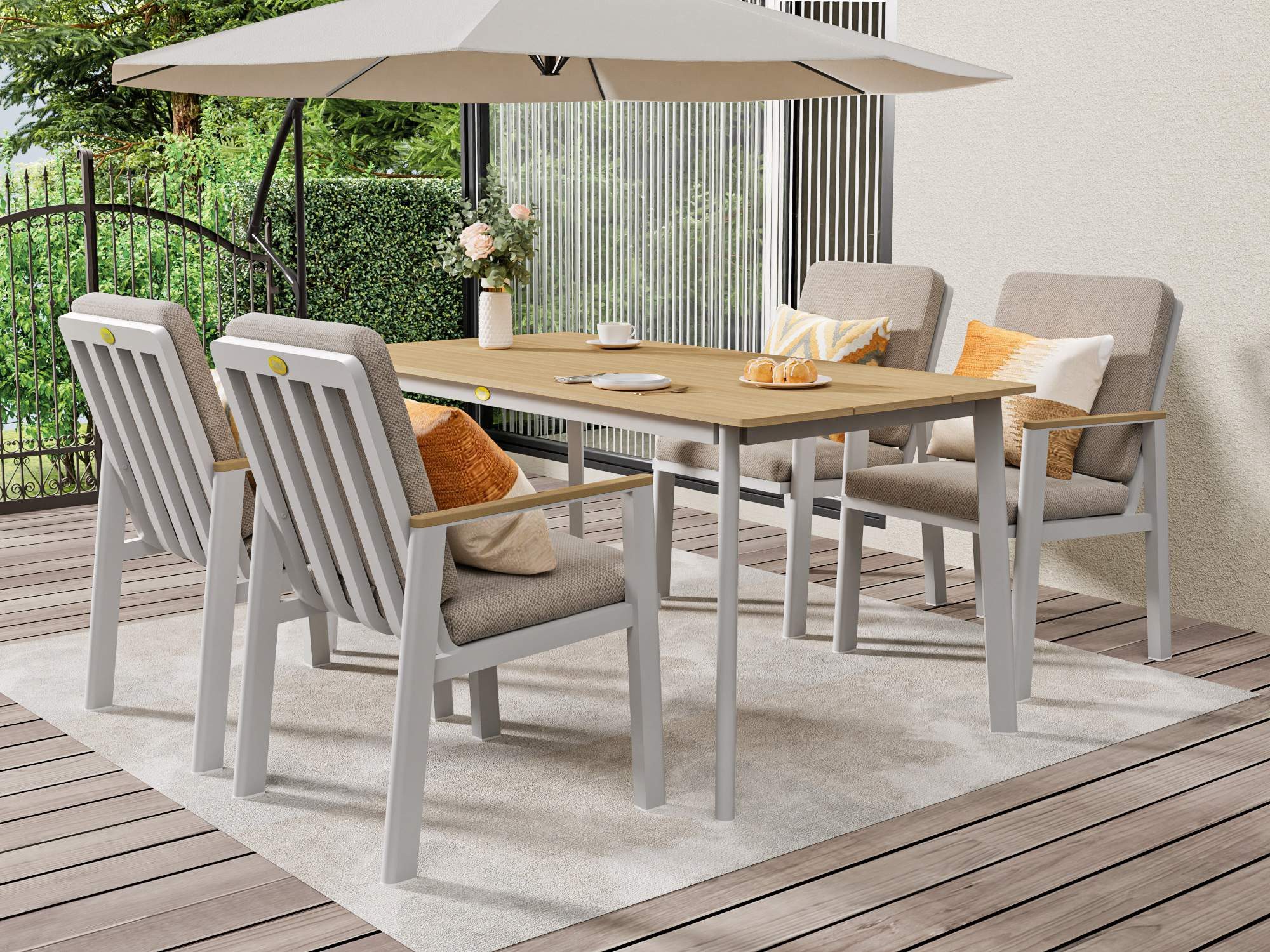 MeXo Gartenlounge-Set Garten Essgruppe für 4 Personen, (Gartenmöbel Set aus Aluminium, 5-tlg., mit PS-Tisch & bequemen Sesseln inkl. Kissen), Ideal für Garten, Terrasse & Balkon