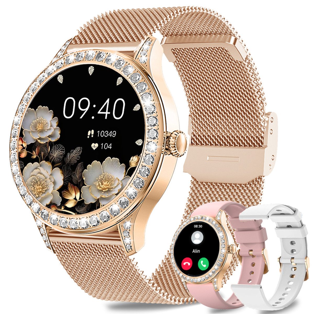 ANYSUN Smartwatch Damen mit Bluetooth-Anru/ mit 58 Diamanten Smartwatch (1,27 Zoll) Fitness Tracker Uhr für Damen Herren mit Schlafmonitor, IP68 Wasserdicht/120+ Sportmodi/Damen-Sportuhr für Android iOS