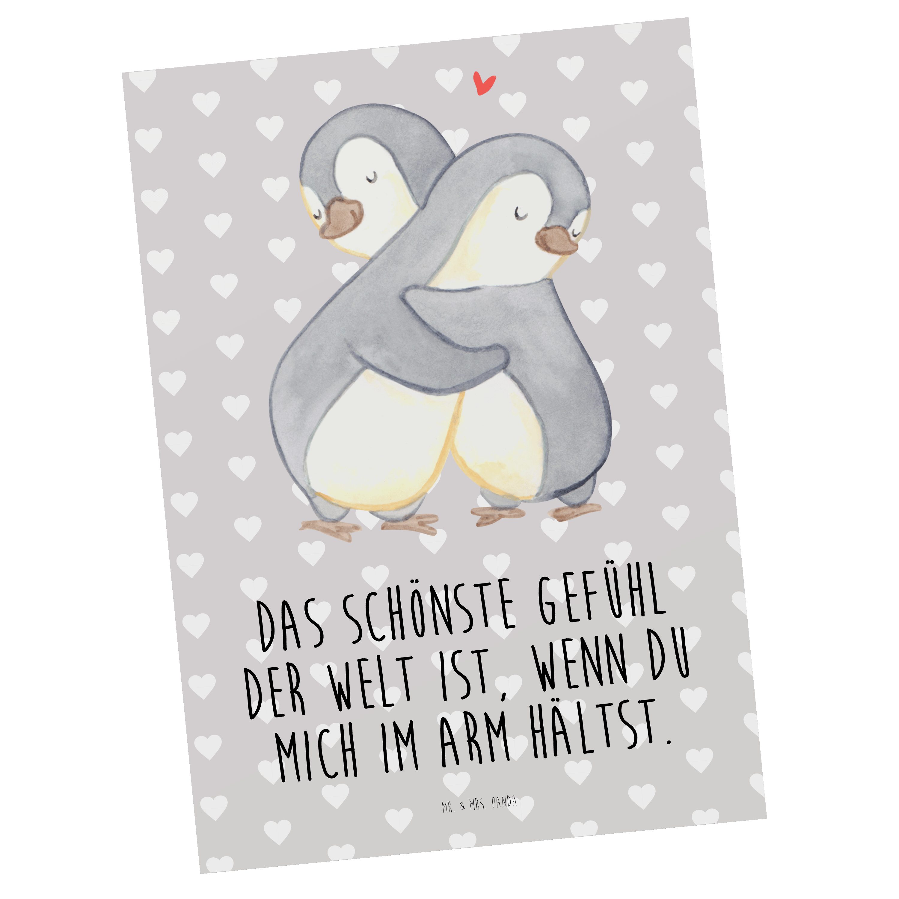 Mr. & Mrs. Panda Postkarte Pinguine Kuscheln - Grau Pastell - Geschenk, Liebesbeweis, Geschenk f