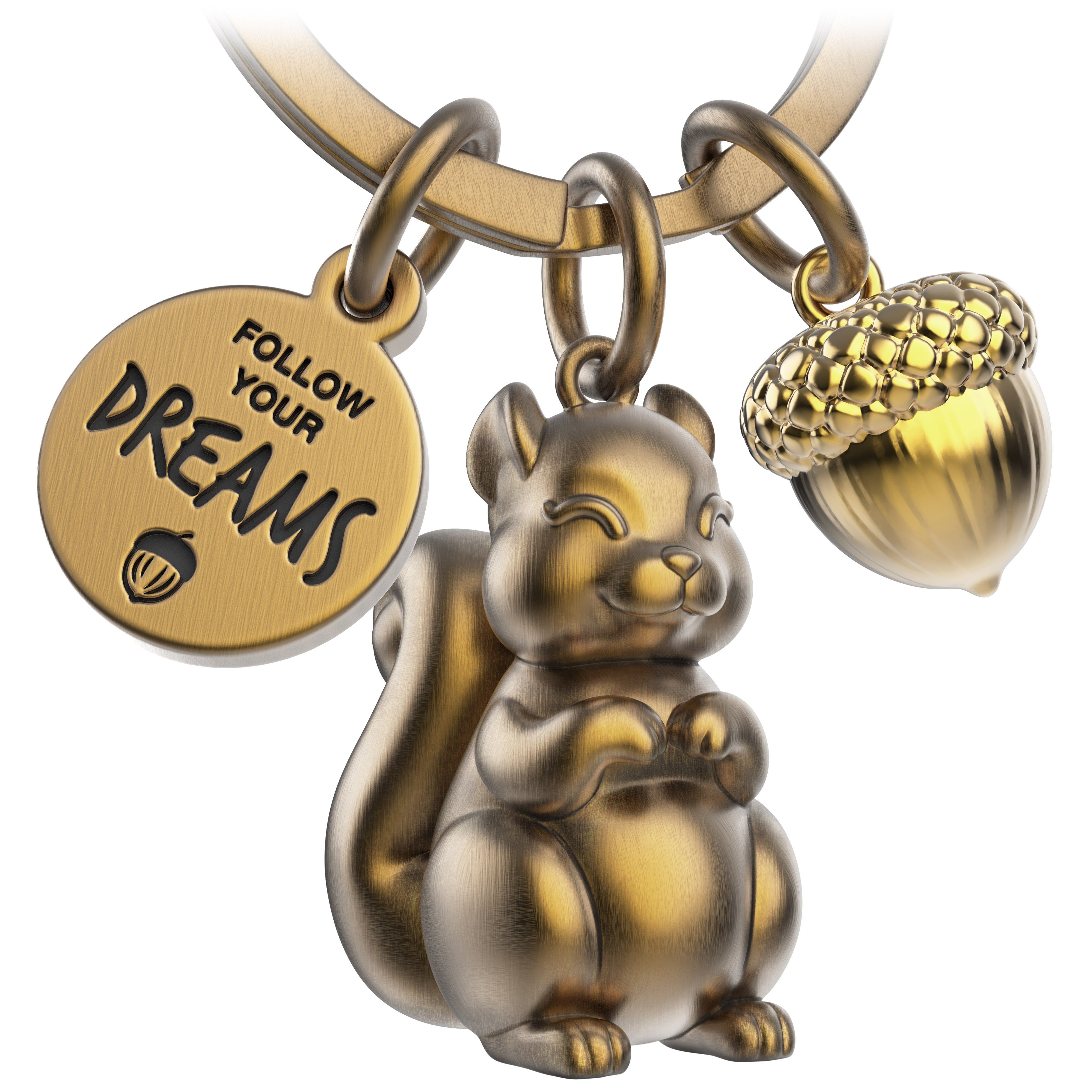 FABACH Schlüsselanhänger Eichhörnchen Skippy - Follow Your Dreams - Glücksbringer Mutmacher Antique Bronze