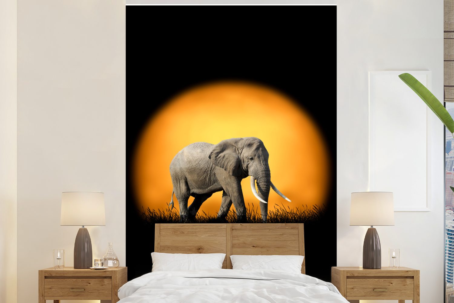 MuchoWow Fototapete Elefant - Sonne - Orange, Matt, bedruckt, (3 St), Montagefertig Vinyl Tapete für Wohnzimmer, Wandtapete