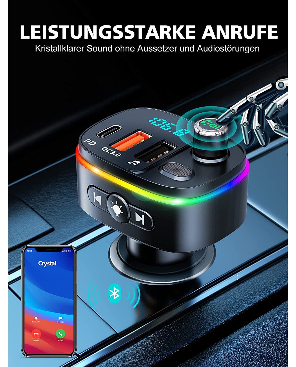 TUWENA Bluetooth Car Adapter, FM Transmitter for Car with 3 USB Ports