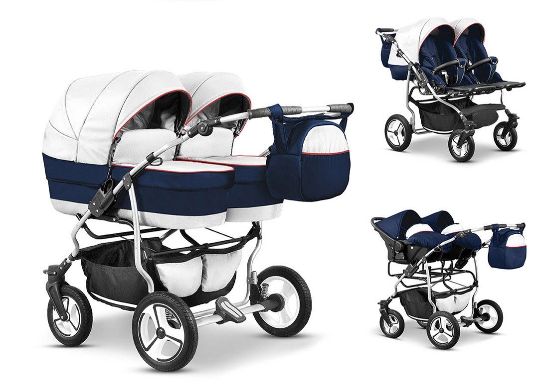 Elcar Zwillings-Kombikinderwagen Duet Lux 3 in 1 inkl. Autositze - 13 Teile - in 17 Farben Weiß-Navy