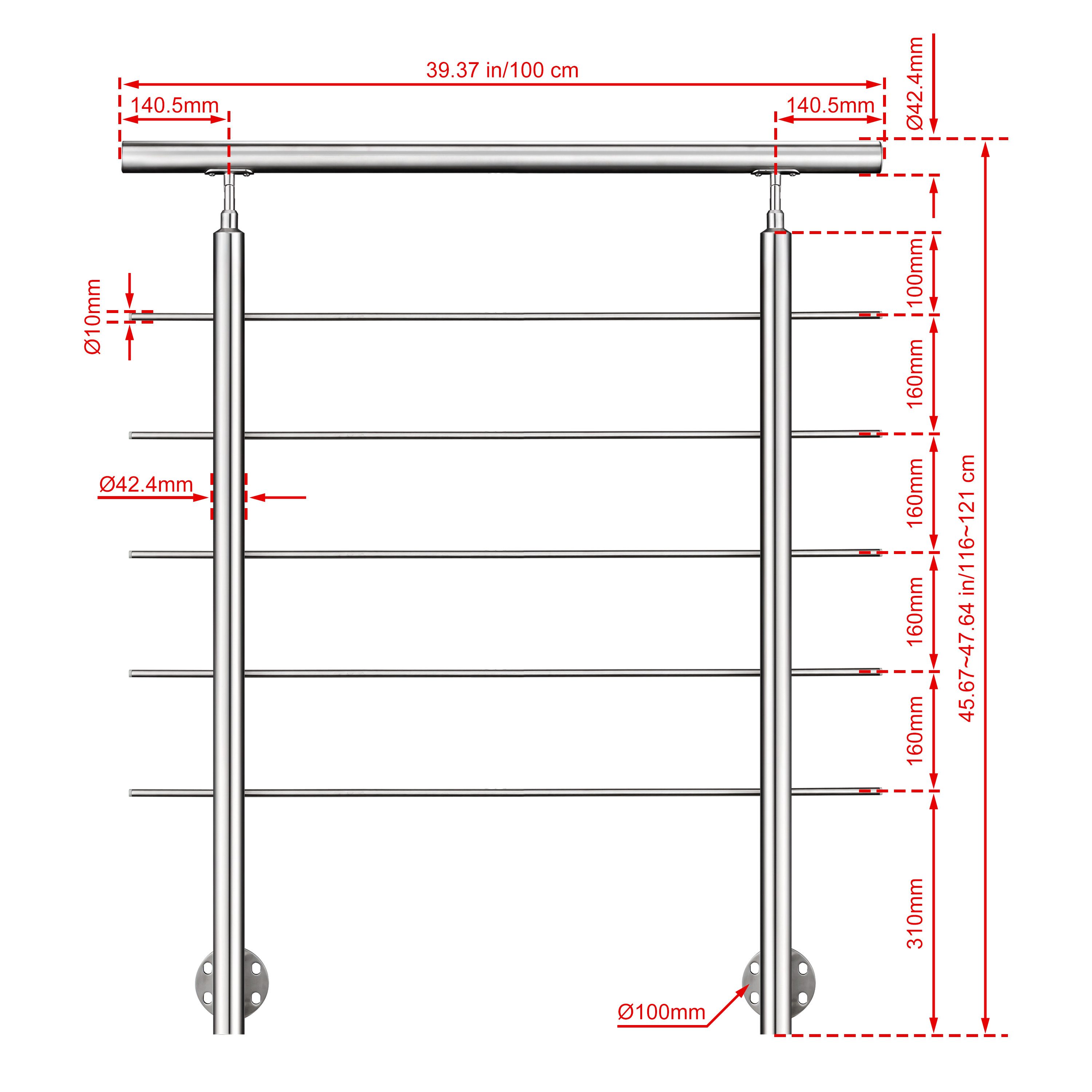 AICA Treppengeländer Geländer-Set aus Edelstahl 304 Seitenmontage Verlängerbar L 100-240 cm, 100 cm Länge, Packung, 5-tlg., V2A, höhen- und winkelverstellbar, w – Bild 5 von 5