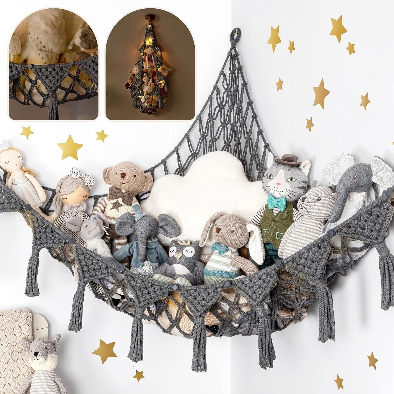 FOUORTUNATE-BEE Hängekorb Hängende Spielzeugaufbewahrung Netz für Kuscheltiere im Kinderzimmer, Boho Spielzeugnetz für Kuscheltiere, Ecken, Wände und Türen