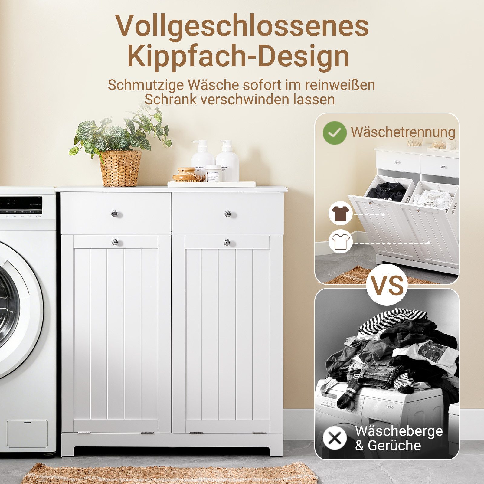 SoBuy Wäscheschrank BZR33, Badezimmerschrank mit Wäschekorb, Wäschesammler, Wäscheschrank mit 2 Schubladen & 2 Wäschekippern, 90L großer Kapazität, Badezimmer