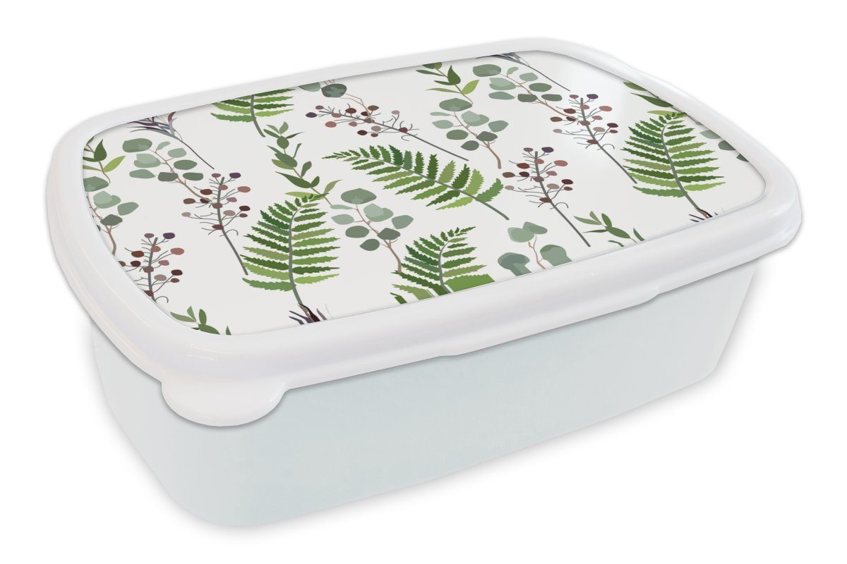 MuchoWow Lunchbox Pflanzen - Muster - Blätter - Kräuter, Kunststoff, (2-tlg), Brotbox für Kinder und Erwachsene, Brotdose, für Jungs und Mädchen weiß