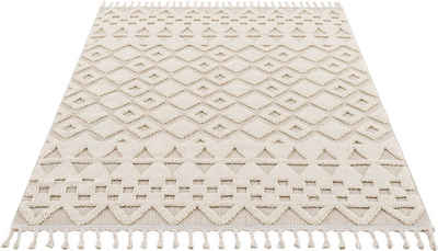 Teppich »Juliane«, rechteckig, Höhe: 18 mm, Hoch-Tief-Struktur, Woll-Look, Boho Stil, Rauten Design, mit Fransen