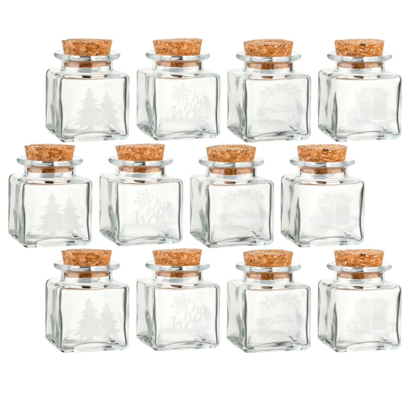 gouveo Gewürzbehälter 12er Set Gewürzgläser 50 ml eckig mit 4 Weihnachtsmotiven und Korken, (12-tlg)