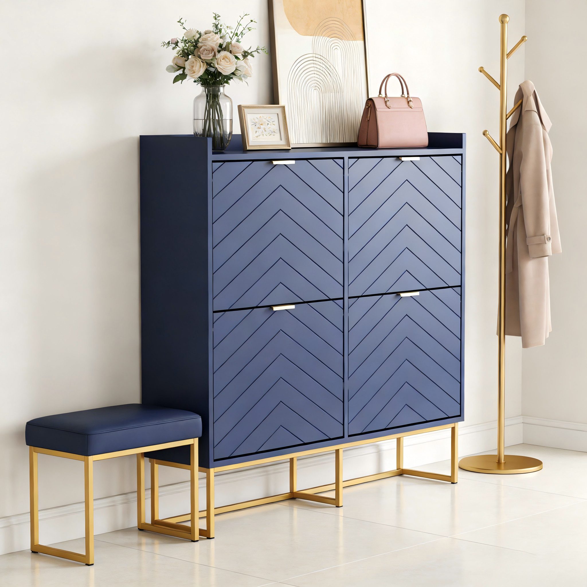 UEV Schuhschrank mit 4 Klappen, Schuhkipper Schmal, Schuhregal mit Metallfüße (Packung, Modern Schuhaufbewahrung mit Oberplatte Schuhkommode mit Kippsicherung) trennwände verstellbar und abnehmbar für verschiedene Schuhtypen