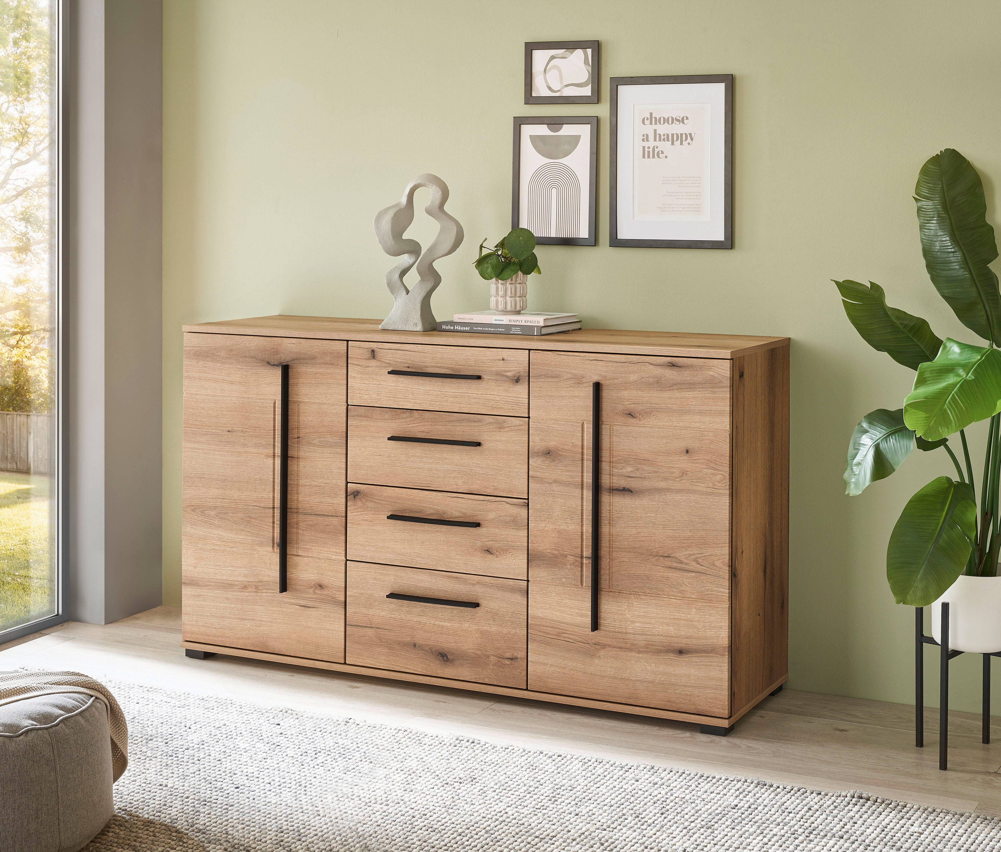 INOSIGN Sideboard Cantara, moderner Schrank, Kommode in Eiche Evoke oder weiß, schwarze Stangengriffe, ausreichend Stauraum, vielseitig einsetzbar, Artikelmaße (aufgebaut): 150/42/86 cm (B/T/H)