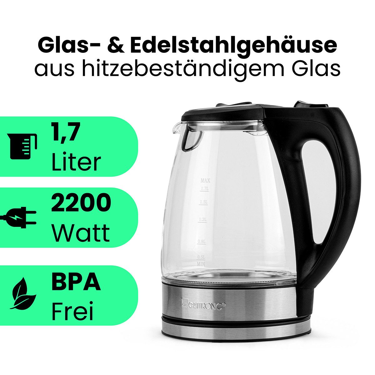CLATRONIC Wasserkocher WKS 3744 G, Wasserkocher Glas/Edelstahl, 1,7L