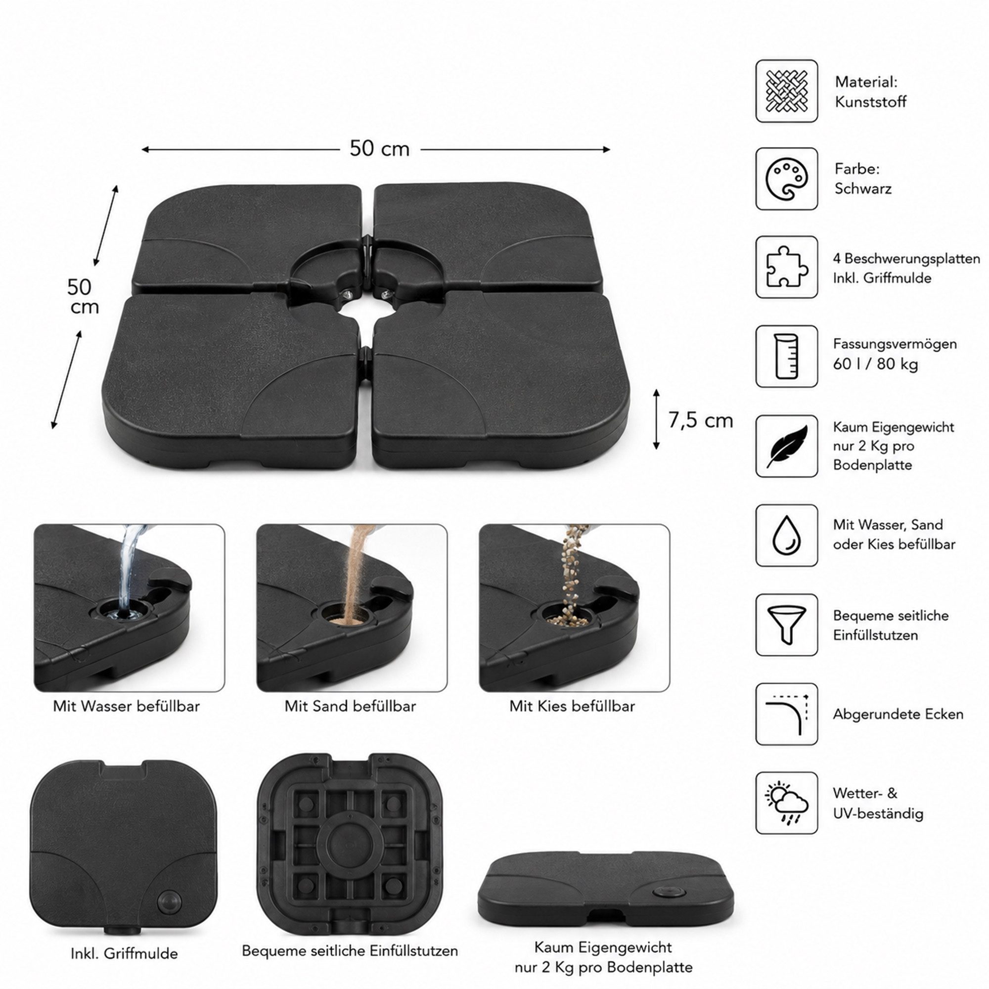 Mucola Schirmständer Schirmständer 60 L / 80 kg 4er Set Ampelschirmständer Outdoor (Stück, 4 St), Griffmulde