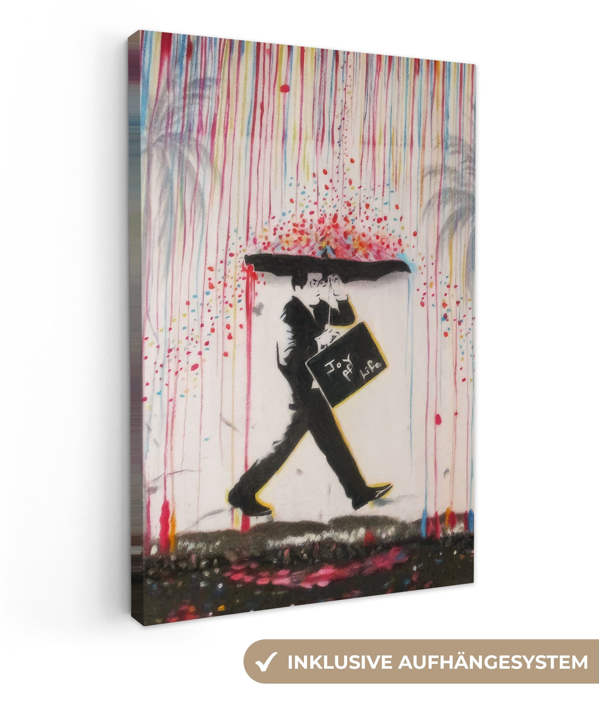 OneMillionCanvasses® Leinwandbild Regen - Graffiti - Mann - Banksy-Stil, Fo günstig online kaufen