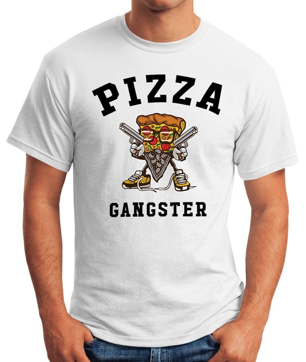 MoonWorks Herren Moonworks® weiß Pizza mit T-Shirt Print-Shirt Fun-Shirt Gangster Print