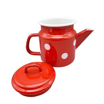 Linoows Kanne Emaille Teekanne, Deckelkanne, Teepott 1,0 Liter, 1.0 l, (Set), Rote Retro Teekanne mit weißen Tupfen 1,0 Liter