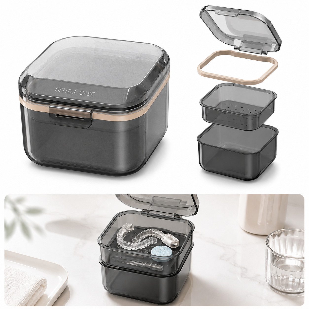 ibettertec Zahndose Prothesenfall Organizer mit Sieb Zahnprothesen-Behälter (Set, Einschichtige Zahnersatz-Reinigungsbox mit Verschlussclip), Mit Sieb zum Einweichen von Prothesen, für Zahnspangen und Schiene