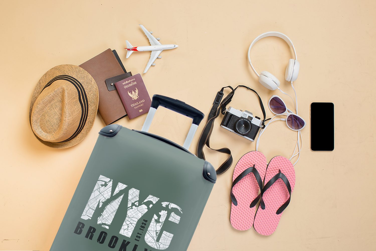 MuchoWow Handgepäckkoffer New Reisetasche - NYC Reisekoffer 4 York Ferien, Grün, Trolley, für mit rollen, Handgepäck - Rollen