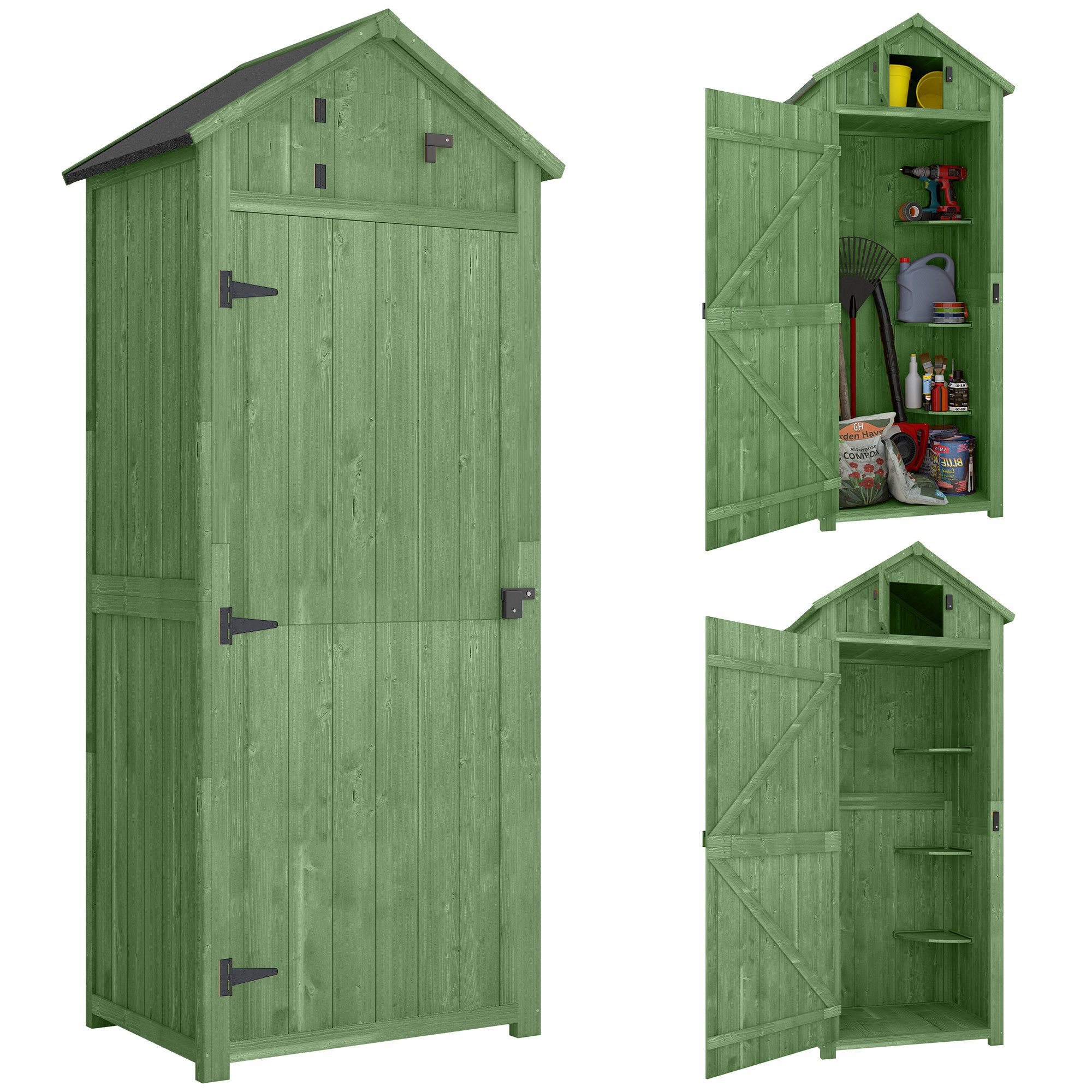 Outsunny Gerätehaus mit 3 abnehmbar Ablage, abschließbar Tür, Asphalt-Satteldach, Fenster, BxT: 77x54.2 cm, (Gartenschrank, 2 St., Geräteschuppen), für Garten Terrasse Grün