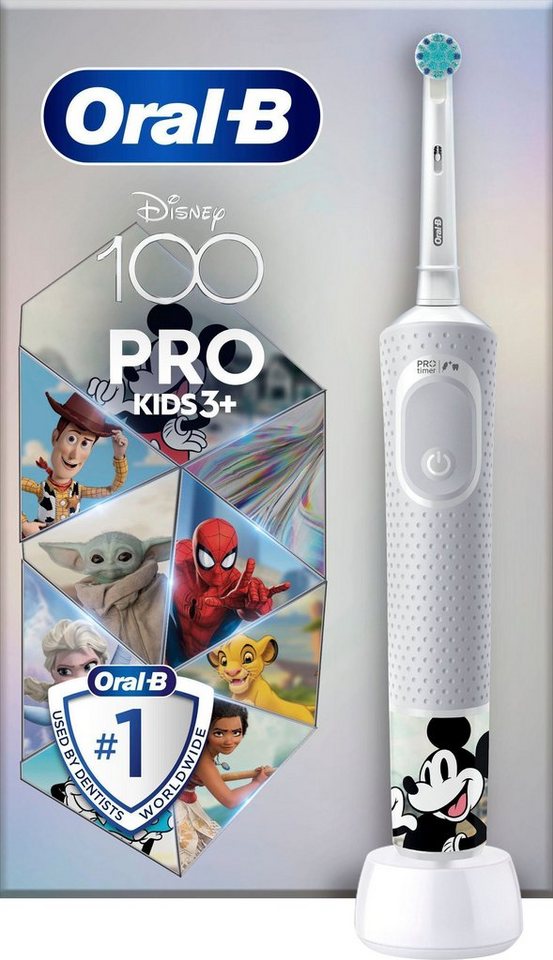 Oral-B Elektrische Zahnbürste Pro Kids Disney 100, Aufsteckbürsten: 1 St.,  für Kinder ab 3 Jahren, 4 tolle wechselbare Sticker mit verschiedenen  Lieblingshelden zur Auswahl