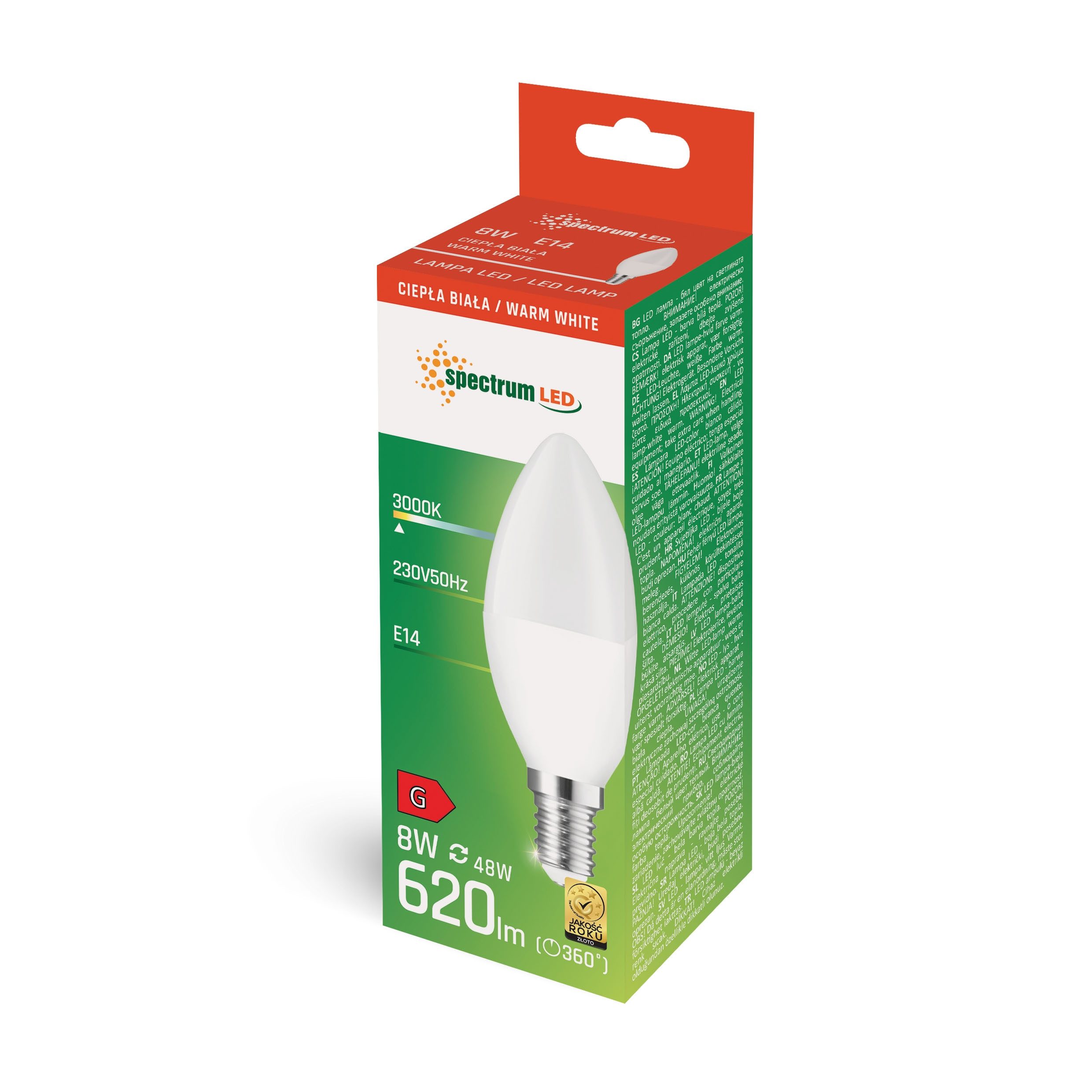 Spectrum LED-Leuchtmittel LED E14 C37 Kerzenform 8W=48W 230V Leuchtmittel 620lm 160° Warm 3000K, E14, Warmweiß