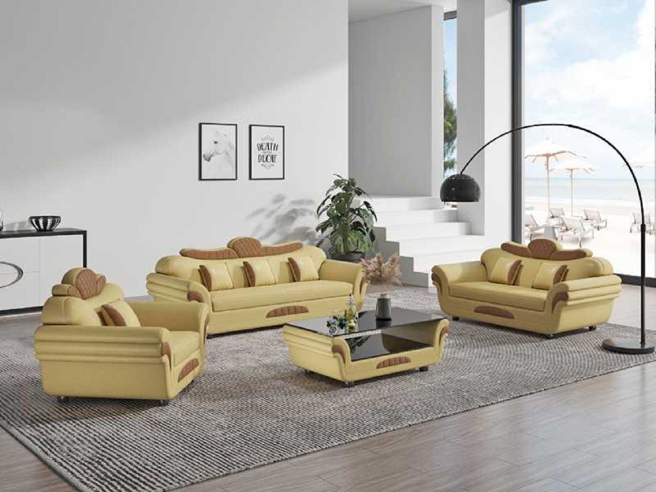 JVmoebel Wohnzimmer-Set Couchgarnitur Sofagarnitur Sofa Sessel Komplette 3tlg Sofas, (3-St., Nur Sofa 2+3 Sitzer + Sessel), Made in Europe Beige