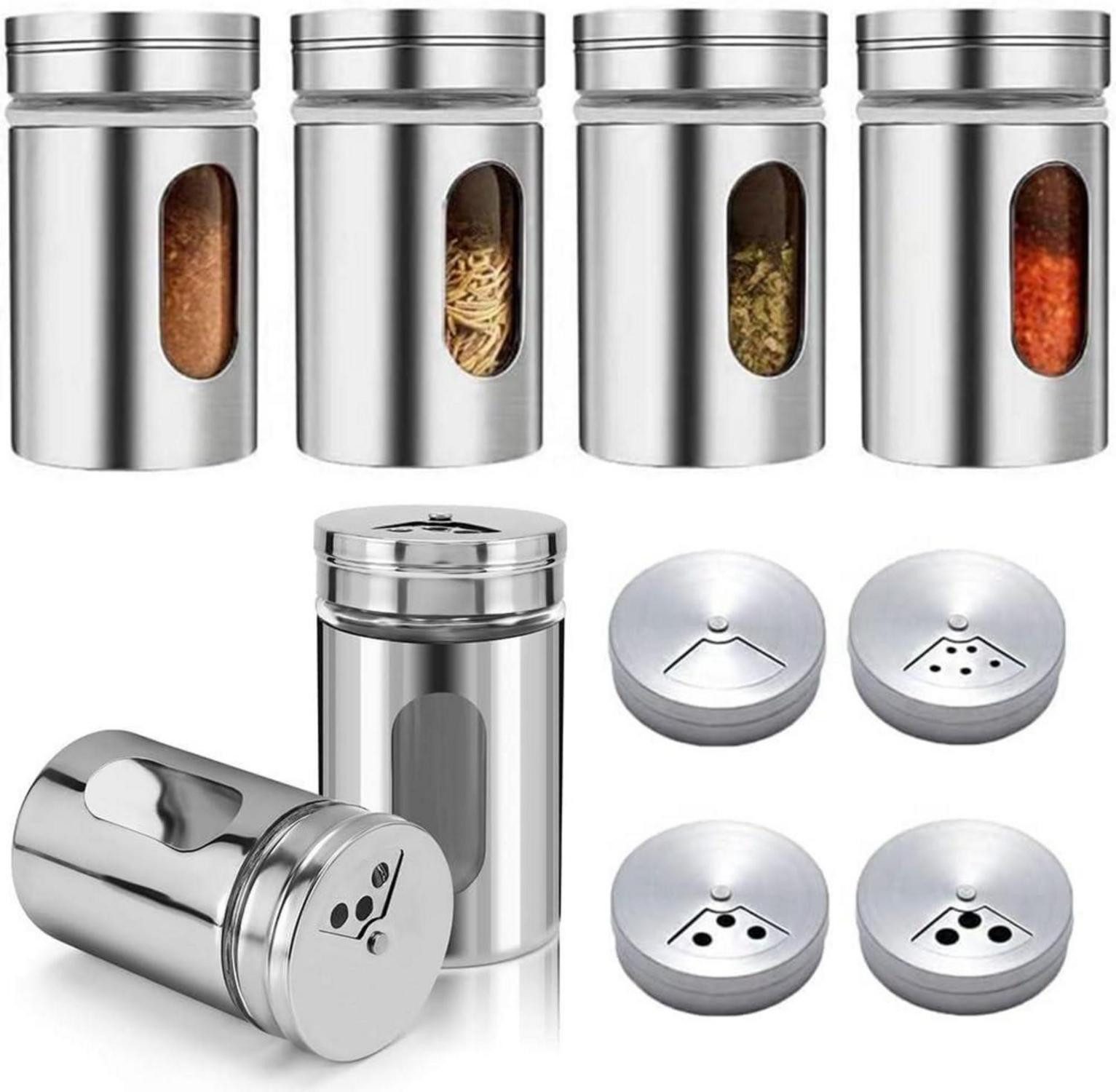 Gläser-Set 6er Set Gewürzstreuer Glas Edelstahl Deckel Gewürzdosen Organizer