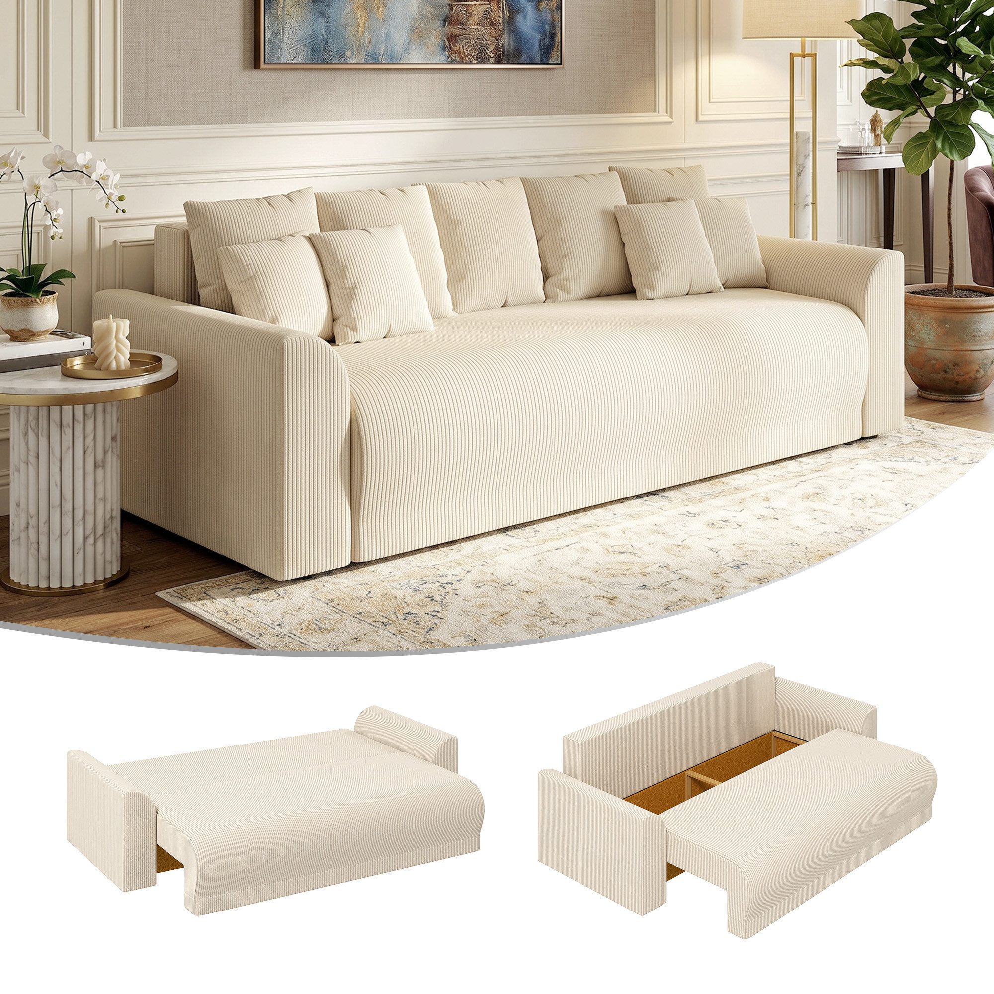 HOMCOM Schlafsofa 190x150cm 3-Sitzer Sofa mit Schlaffunktion,Stauraum,Schlafcouch, Bettsofa 1 Teile, mit Breiter und Tiefer Sitzfläche, 9 Kissen, Cord-Optik