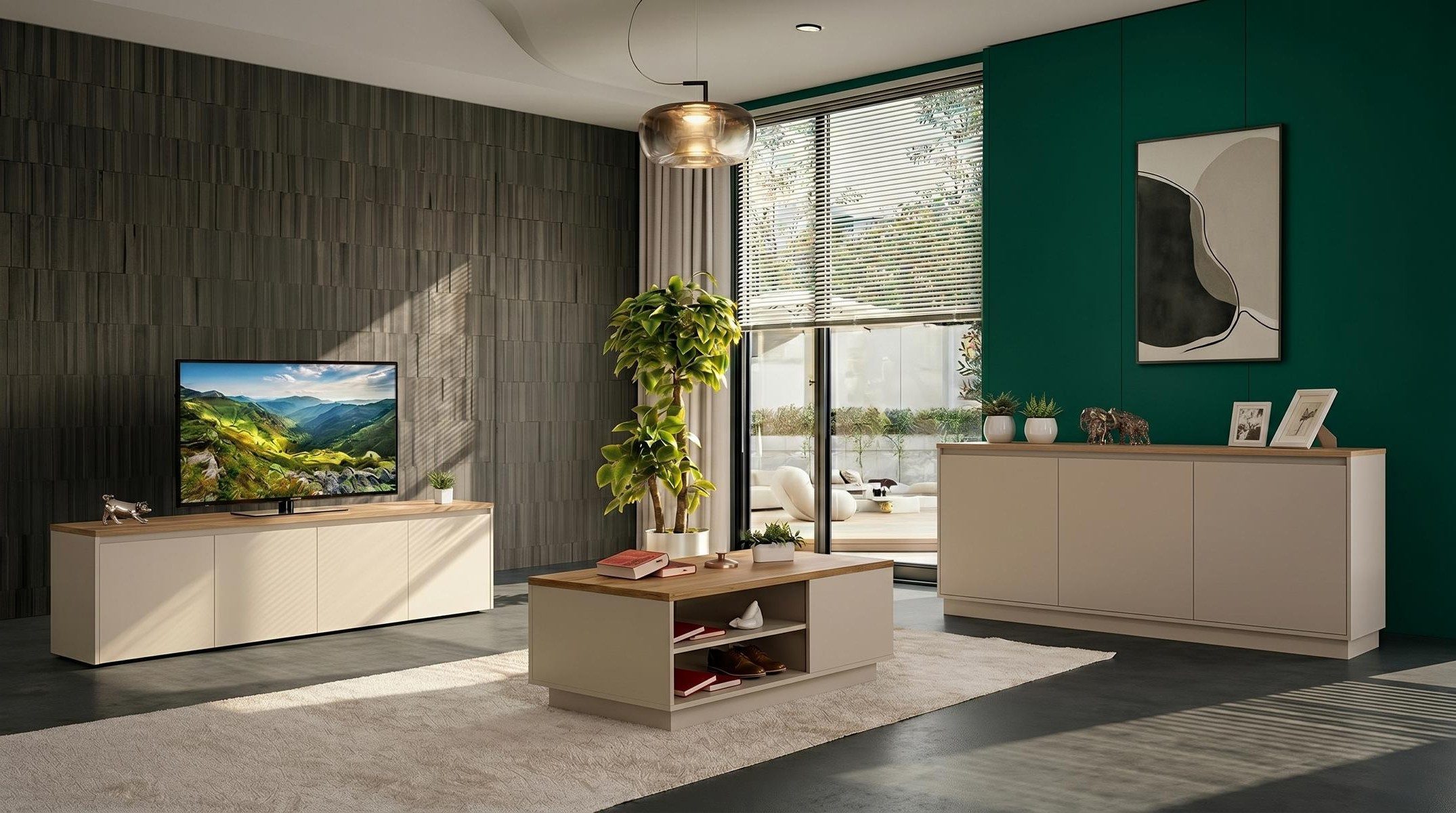 Xlmoebel Wohnzimmer-Set Beiges stilvolles Wohnzimmer-Set TV-Schrank Couchtisch Konsole, (3-St., 3-tlg)