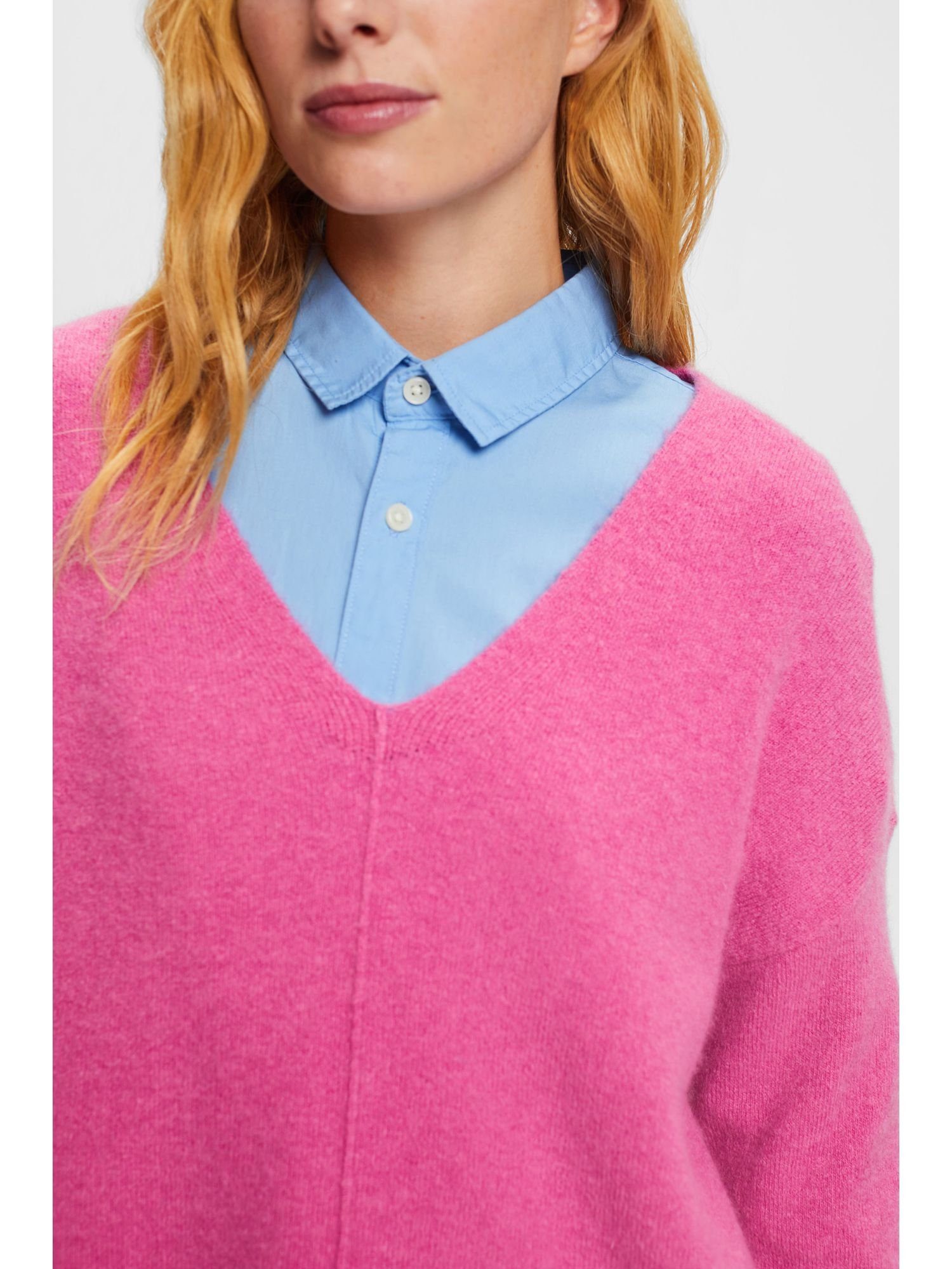 Esprit V-Ausschnitt-Pullover Wollmix-Pullover mit V-Ausschnitt FUCHSIA PINK