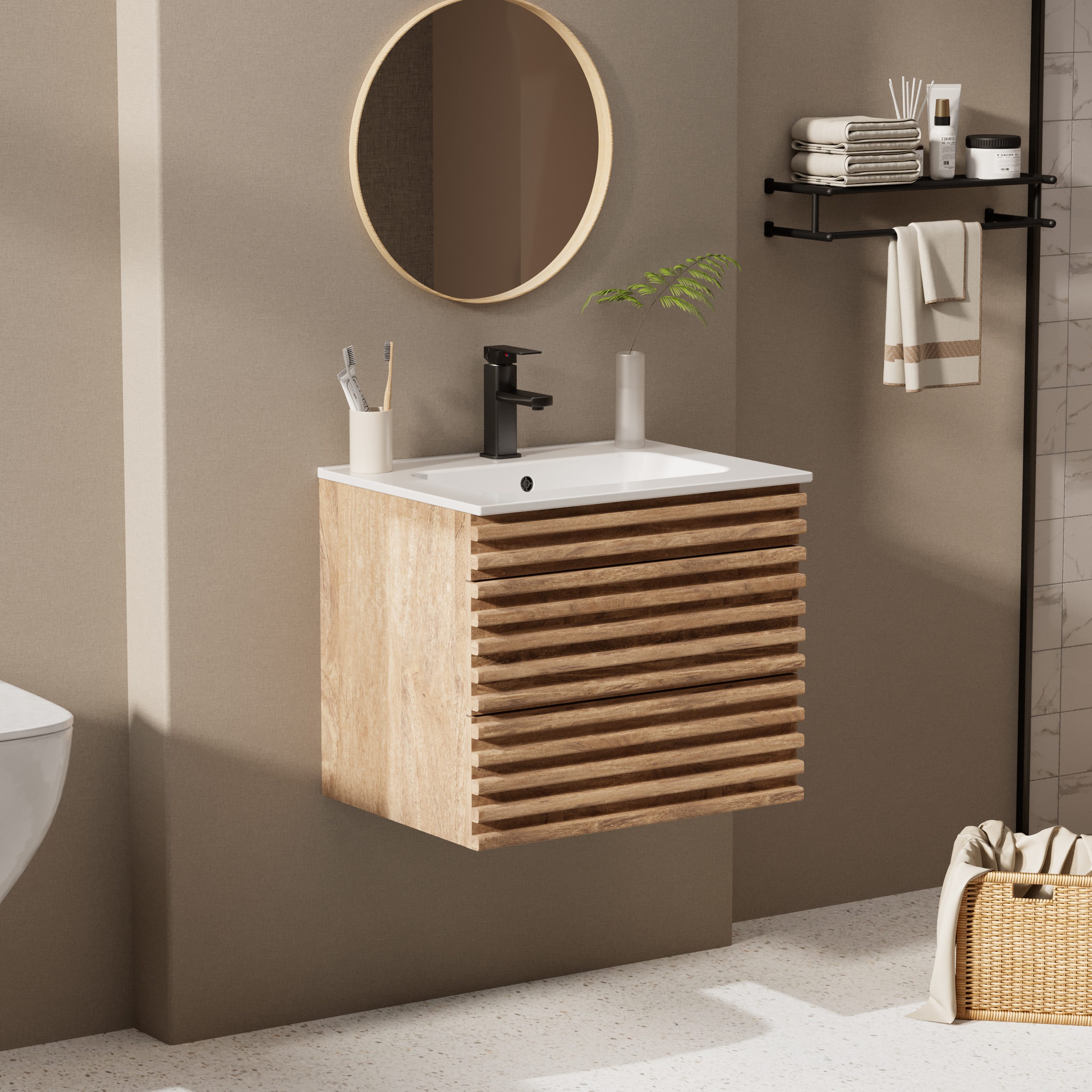 UEV Waschtisch mit Unterschrank, natur, 60cm/75cm/90cm hängend, Badezimmerschrank (Waschtischunterschrank, Badmöbel für Gäste WC, Natur, mit Wasserhahn und Pop-up-Ablassventil), Soft-Close-System, Unterschranke fürs Bad,Waschplatz