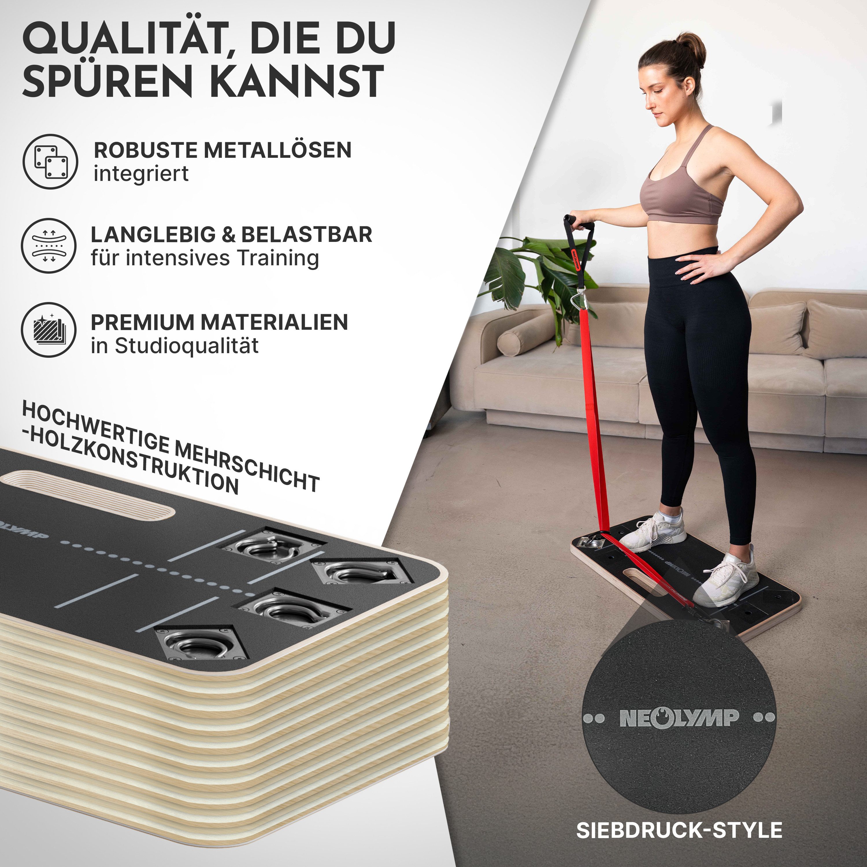 NEOLYMP Expander Widerstandsbänder Plattform aus Holz mit Grip Tape & Metallösen, Hochwertige Mehrschicht-Holzkonstruktion mit integrierten Metallösen