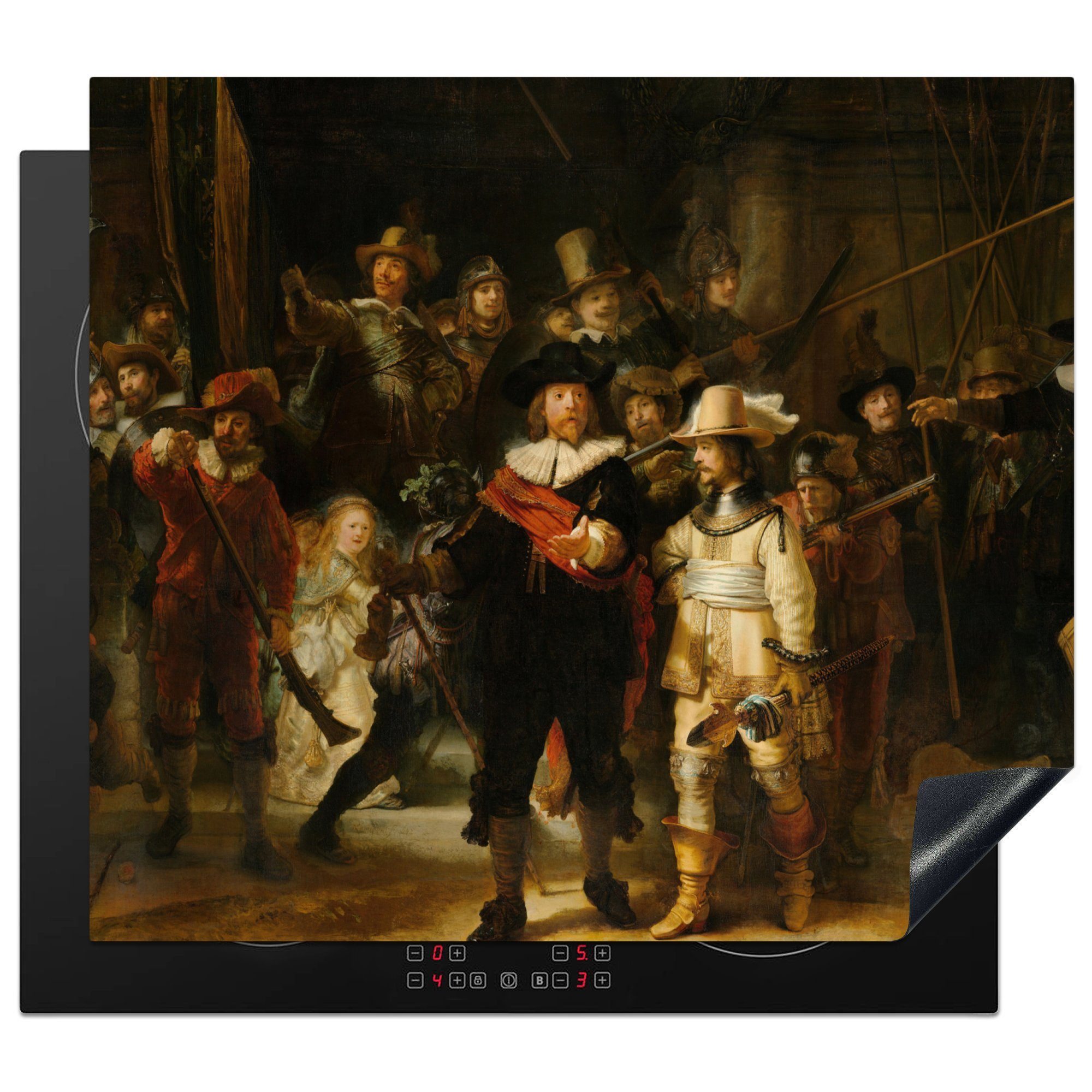 MuchoWow Herdblende-/Abdeckplatte Die Nachtwache - Gemälde von Rembrandt van Rijn, Vinyl, (1 tlg), 59x52 cm, Ceranfeldabdeckung für die küche, Induktionsmatte
