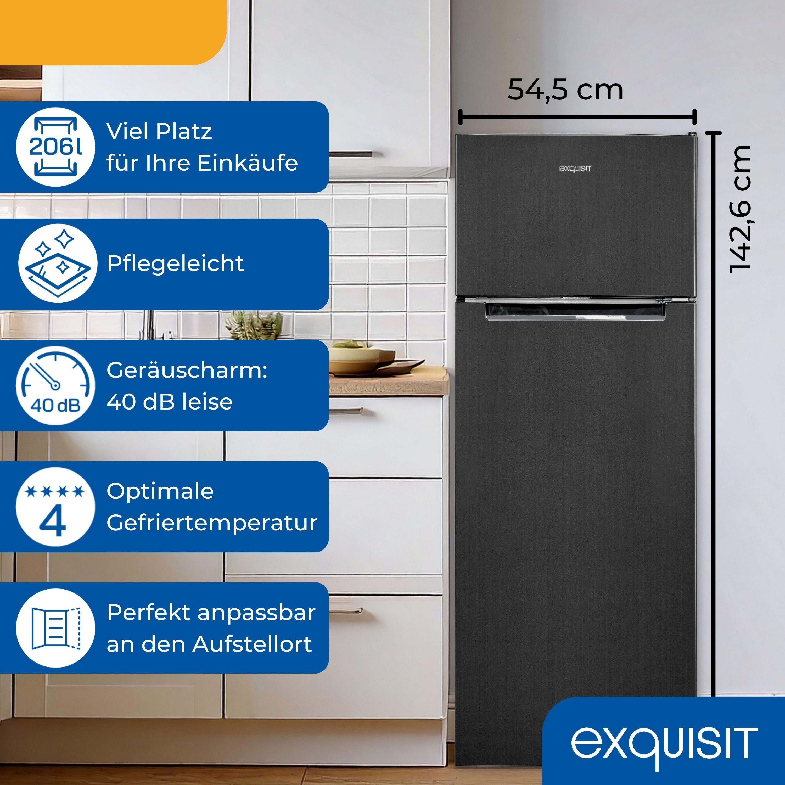 exquisit Kühl-/Gefrierkombination KGC270-45-040D inoxlook-az, 142,6 cm hoch, 54,5 cm breit, 206 l, leise & sparsam, 4*-Gefrierfach mit flexiblem Stauraum & LED
